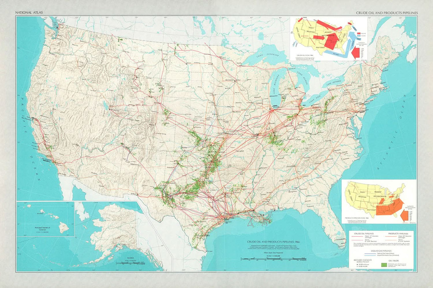 Old Oil Infrastructure Map of the USA, 1966: Pipelines, Refineries, Topography, Oil Flow