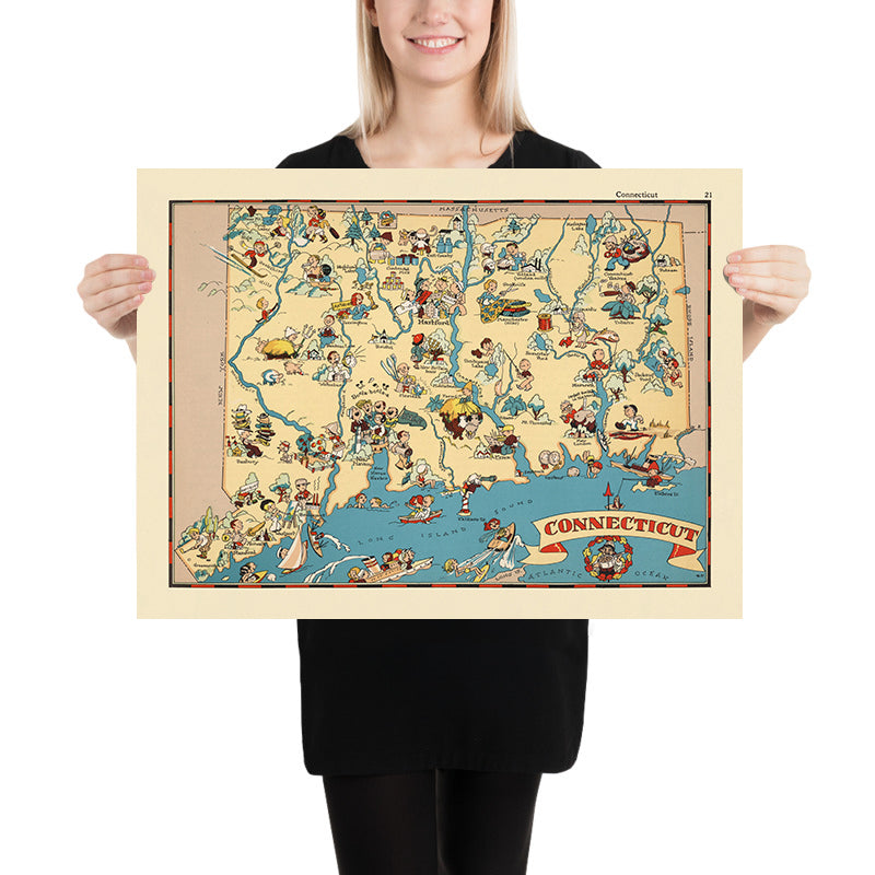 Mappa Pittorica del Connecticut di Ruth Taylor White, 1935: Bridgeport, New Haven, Yale, Long Island Sound, Fiume Connecticut 