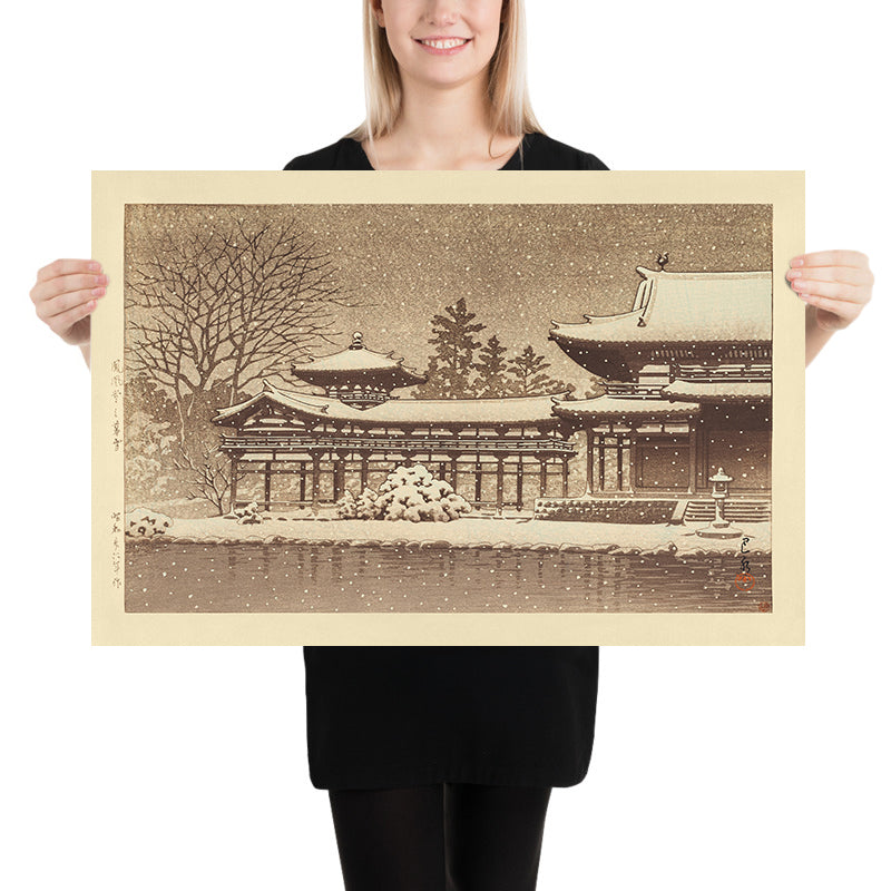 Abendlicher Schnee am Byodoin-Tempel (Phoenix-Halle) von Hasui Kawase, 1935 