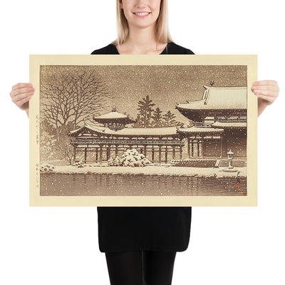 Abendlicher Schnee am Byodoin-Tempel (Phoenix-Halle) von Hasui Kawase, 1935 