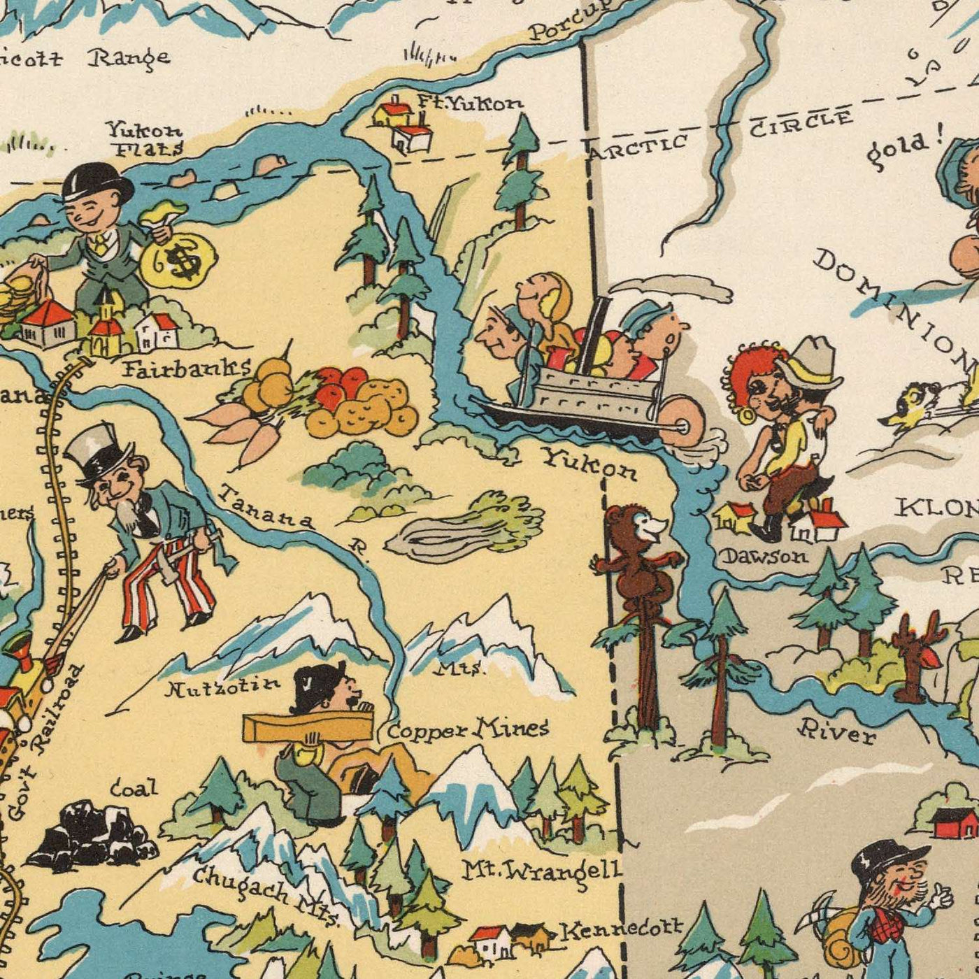 Pictorial Map of Alaska by Ruth Taylor White, 1935: Anchorage, Fairbanks, Yukon River, Glaciers, Aleutians