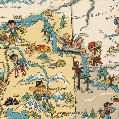 Pictorial Map of Alaska by Ruth Taylor White, 1935: Anchorage, Fairbanks, Yukon River, Glaciers, Aleutians