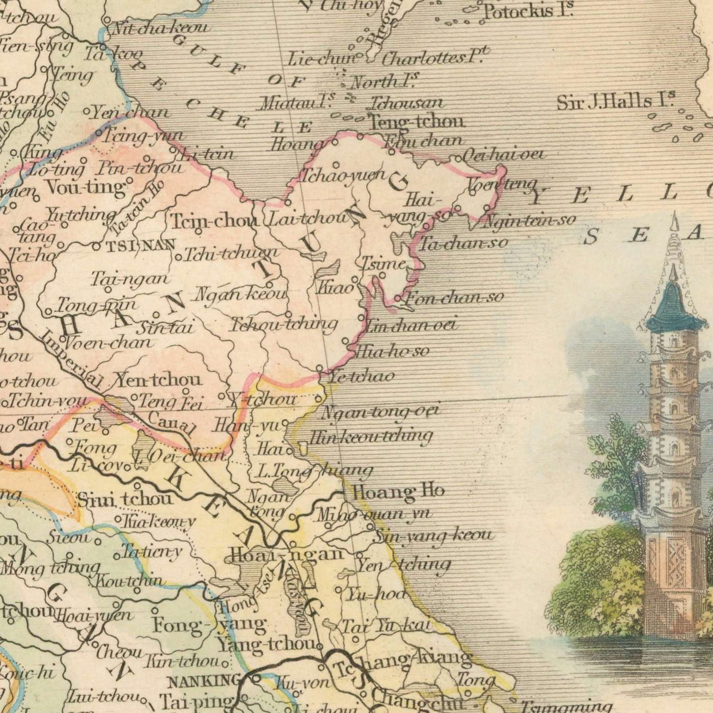 Old Map of China and Burma by Tallis, 1851: Taiwan, Myanmar, Hong Kong, Great Wall, Canton, Yangtze, Lhasa
