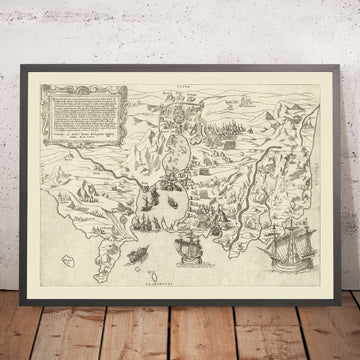 Antigua Mapa Militar de la Conquista de Túnez por Zaltieri, 1566: La Goletta, Borgo Rabat, Ruinas de Cartago 