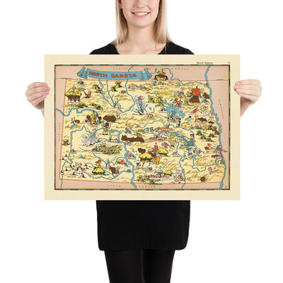 Pictorial Map of North Dakota by Ruth Taylor White, 1935: Fargo, Bismarck, Missouri River, Wheat Fields, Bison