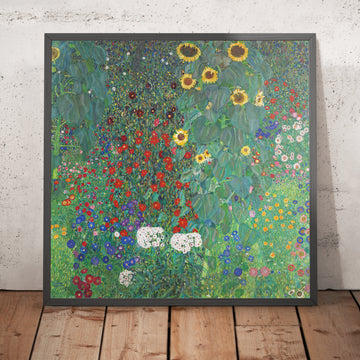 Ein gerahmtes Bild von "Bauergarten mit Sonnenblumen" von Gustav Klimt, 1907