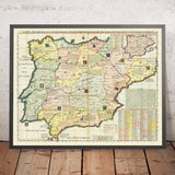 Ancienne carte historique de l'Espagne et du Portugal par Chatelain, 1719 : royaumes, provinces, armoiries, inquisition 