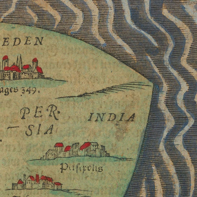 Carte du monde antique du trèfle par Bunting, 1582 : centre de Jérusalem, motif en trèfle, éléments fantastiques