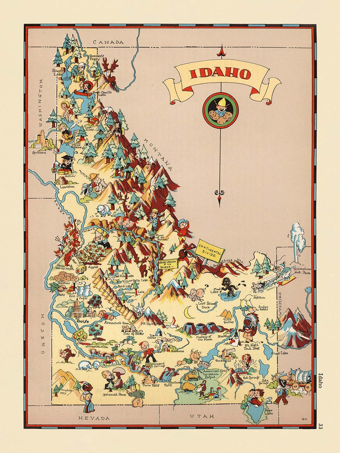 Pictorial Map of Idaho by Ruth Taylor White, 1935: Boise, Snake River, Mining, Forestry, Agriculture, County Boundaries