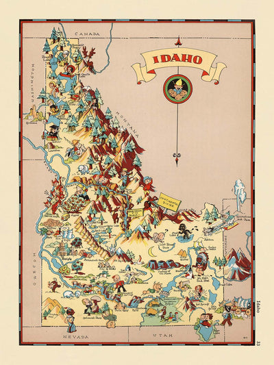 Pictorial Map of Idaho by Ruth Taylor White, 1935: Boise, Snake River, Mining, Forestry, Agriculture, County Boundaries