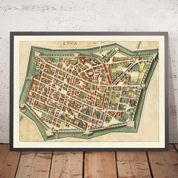 Antica mappa della città di Lucca, Toscana di Merian, 1638: Mura e fossato; Piazza dell’Anfiteatro; Duomo; Palazzo Pfanner; Via Larga 