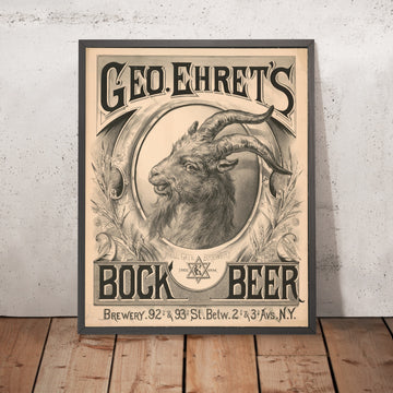 A framed image of Geo. Ehret’s Hell Gate Brewery Vintage Bock Beer Poster, 1888