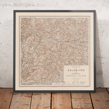 Antiguo mapa en relieve de los Dolomitas y los Alpes Centrales Meridionales de Hartleben, 1880: Paso de Brennero, Cortina, Trento, Meran, Pustertal 
