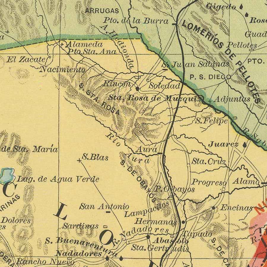 Old Map of Coahuila by García y Cubas, 1897: Saltillo, Torreón, Monclova, Railroads, Rio Grande