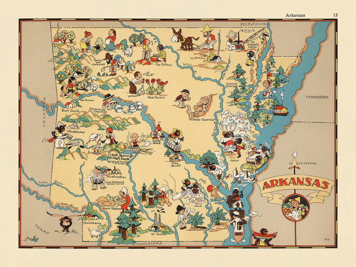 Pictorial Map of Arkansas by Ruth Taylor White, 1935: Little Rock, Hot Springs, Agriculture, Mississippi River, Timber