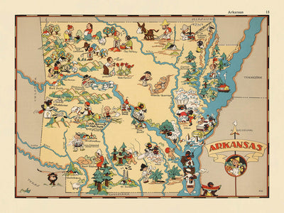 Pictorial Map of Arkansas by Ruth Taylor White, 1935: Little Rock, Hot Springs, Agriculture, Mississippi River, Timber