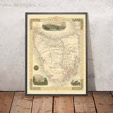 Mapa antiguo de Tasmania de Tallis, 1851: Tierra de Van Diemen, Hobart, Launceston, estrecho de Bass, Ben Lomond, cabo Grim 
