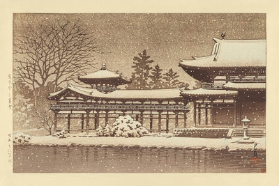 Abendlicher Schnee am Byodoin-Tempel (Phoenix-Halle) von Hasui Kawase, 1935 