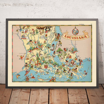 Pictorial Map of Louisiana by Ruth Taylor White, 1935: New Orleans, Baton Rouge, Jazz, Bayous, Mardi Gras