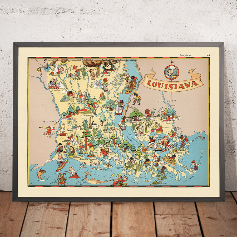 Mappa Pittorica della Louisiana di Ruth Taylor White, 1935: New Orleans, Baton Rouge, Jazz, Bayou, Mardi Gras 