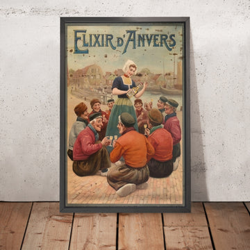 A framed image of Elixir d’Anvers Vintage Herbal Liqueur Poster, 1900