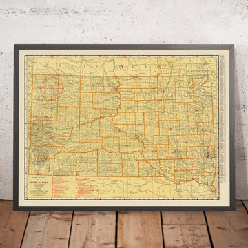 Alte Luftfahrtkarte von South Dakota, 1929: Flugrouten, Sioux Falls, Rapid City, Black Hills, Badlands 