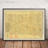 Mappa d'epoca dell'aviazione del South Dakota, 1929: rotte aeree, Sioux Falls, Rapid City, Black Hills, Badlands 