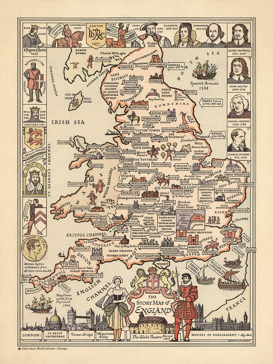 Old Historical Map of England, 1936: Stonehenge, Globe Theatre, Parliament, Heroes, Battles