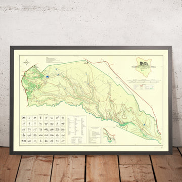 Antica mappa illustrata del Nairobi Royal National Park, Kenya, 1966: Mbagathi R., sede del parco, Lang&