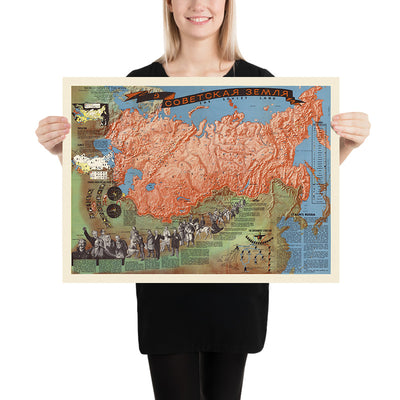 Old Pictorial Map of the Soviet Union, 1948: Industry, Agriculture, Natural Resources