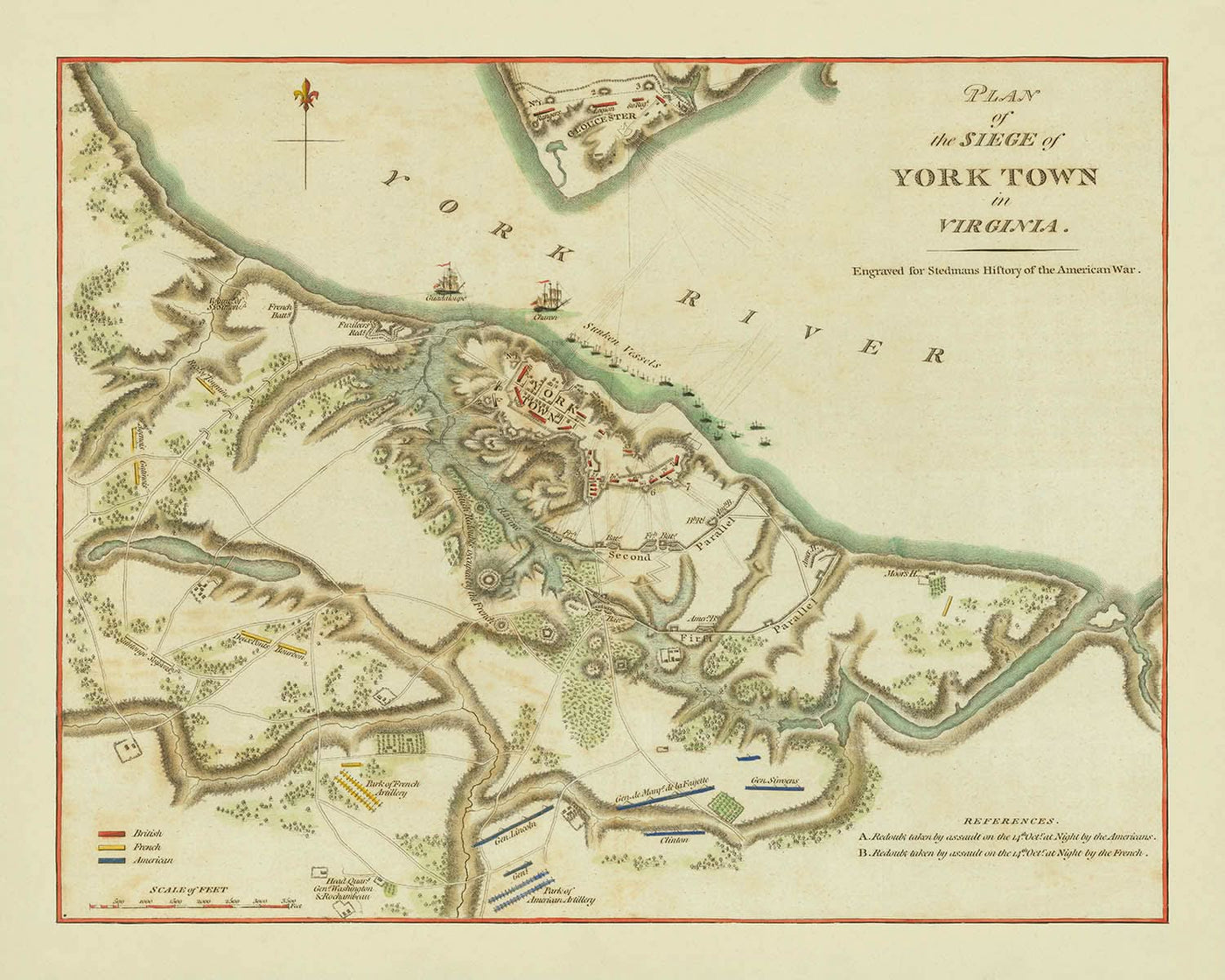 Ancienne carte militaire du siège de Yorktown par Stedman, 1793 : Yorktown, Gloucester, redoutes 9 et 10, flotte française, Washington