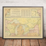 Alte Verkehrskarte der Großen Seen USA & Ontario, 1917: Chicago, Detroit, Toronto, Cleveland, Welland-Kanal 