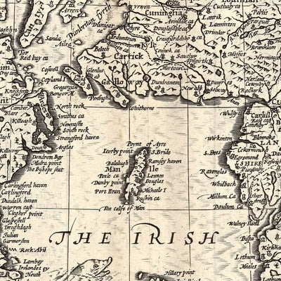 Mapa antiguo de Gran Bretaña e Irlanda realizado por Speed, 1676: Londres, Edimburgo, Dublín, las islas Orcadas y monstruos marinos