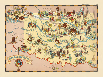 Pictorial Map of Oklahoma by Ruth Taylor White, 1935: Oklahoma City, Tulsa, Oil Fields, Native American Motifs, Dust Bowl Era