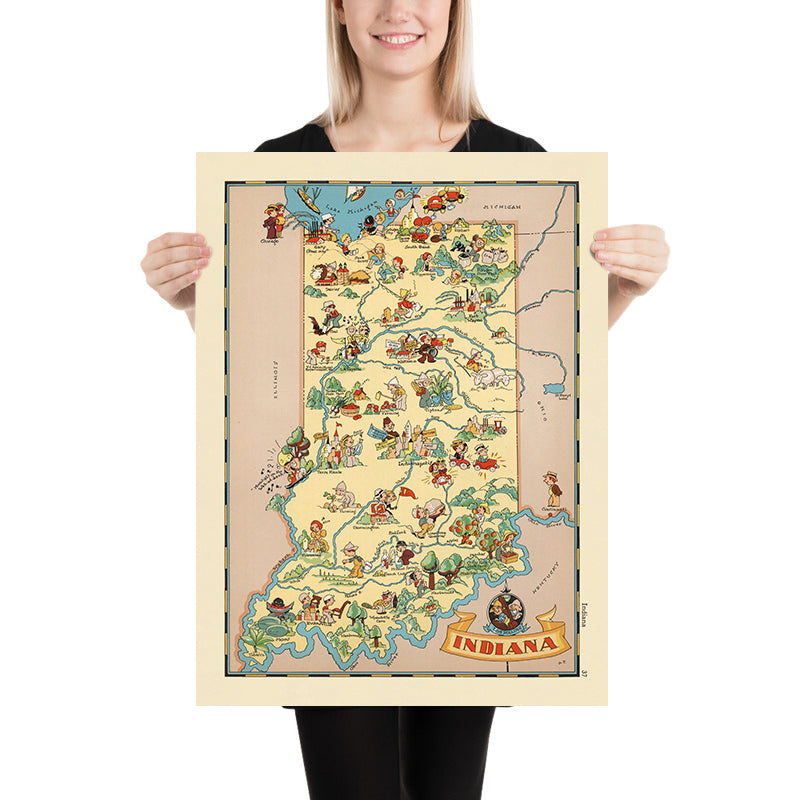 Pictorial Map of Indiana by Ruth Taylor White, 1935: Indianapolis, Fort Wayne, Evansville, Wabash River, Industry Icons