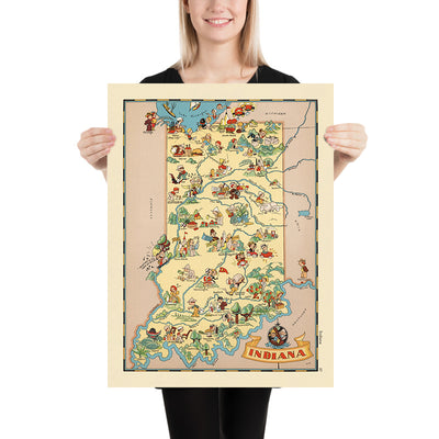 Pictorial Map of Indiana by Ruth Taylor White, 1935: Indianapolis, Fort Wayne, Evansville, Wabash River, Industry Icons