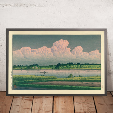 Una imagen enmarcada de Nubes sobre un barco en el río de Hasui Kawase, 1935