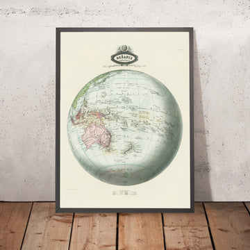 Old Spherical Map of Oceania by Garnier, 1860: Australia NZ & Antarctica, Colonial Empires