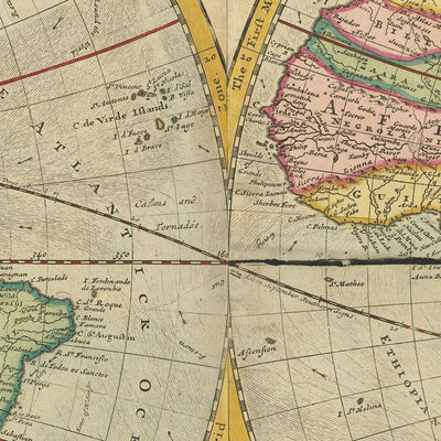 Mapa del Viejo Mundo de los descubrimientos globales de Moll, 1760: California como isla, direcciones del viento, diagramas astronómicos