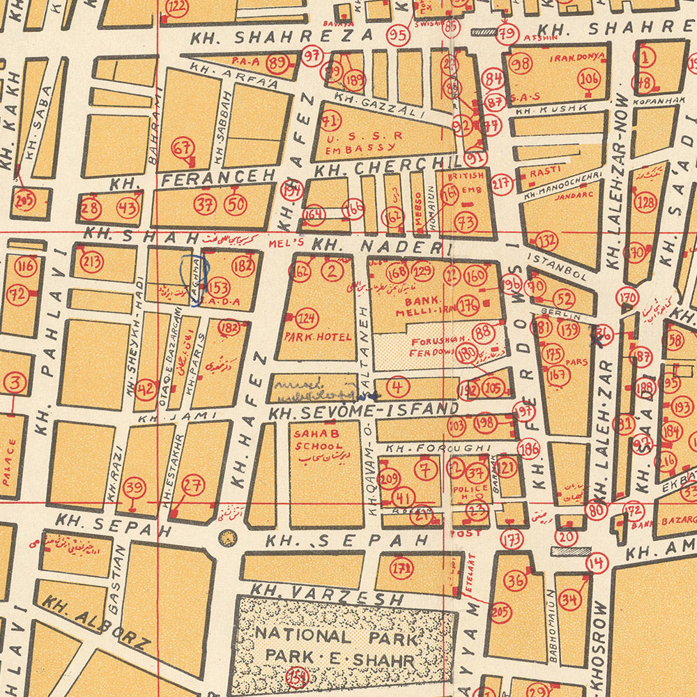 Old Street Map of Tehran by Sahab, 1961: Mosques, Tehran University, Embassies, Park-e-Shahr, Major Avenues
