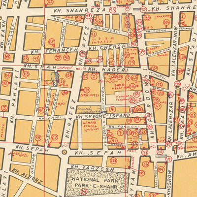 Old Street Map of Tehran by Sahab, 1961: Mosques, Tehran University, Embassies, Park-e-Shahr, Major Avenues