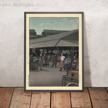 A framed image of The Central Market, Tokyo by Hasui Kawase, 1935