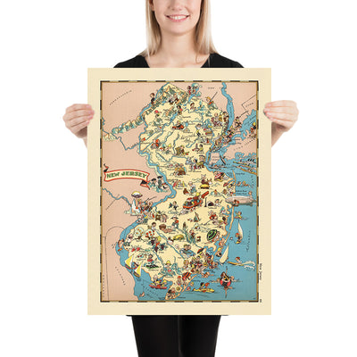 Pictorial Map of New Jersey by Ruth Taylor White, 1935: Newark, Jersey Shore, Pine Barrens, Atlantic Ocean, Delaware River