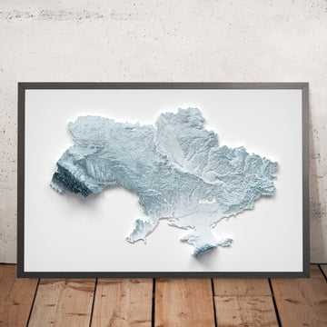 A framed image of a 3D style topographic relief map ofUkraine