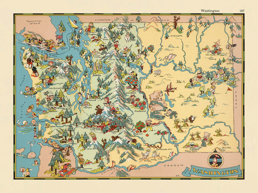 Mappa illustrata dello Stato di Washington di Ruth Taylor White, 1935: Seattle, Monte Rainier, Fiume Columbia, Monti Olimpici, Diga di Grand Coulee 