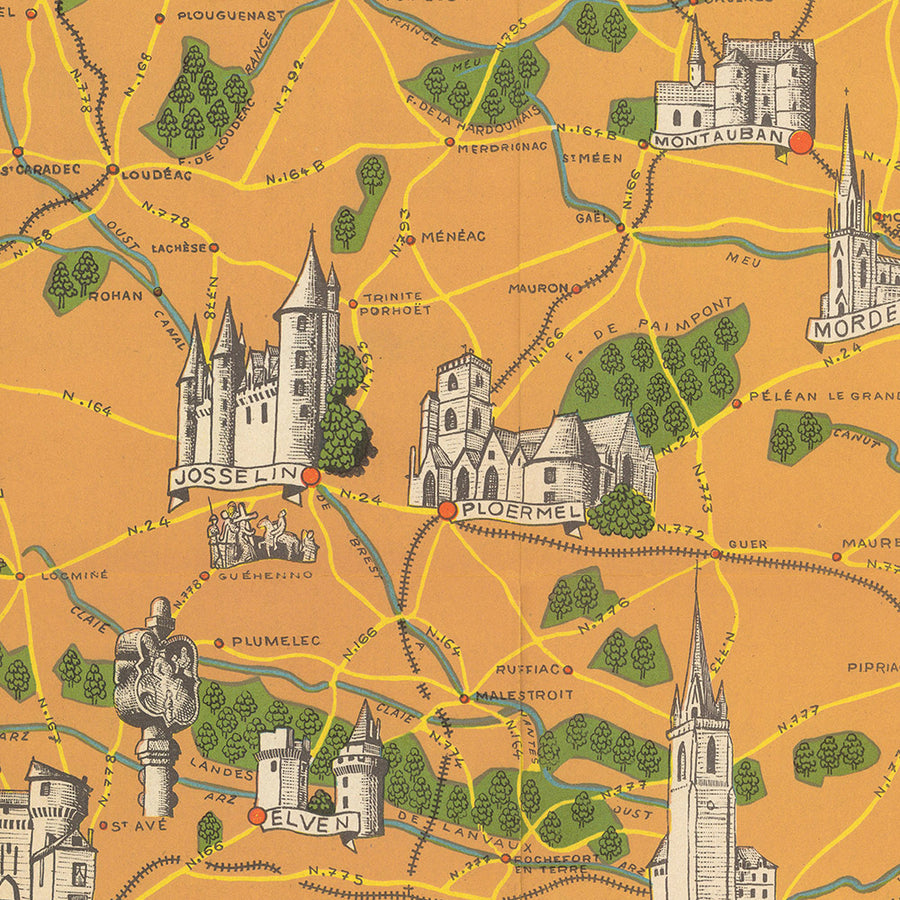Mappa antica della Bretagna di Flornoy Jean, 1950: Nantes, Rennes, Brest, Castelli, Costa, Megaliti 