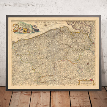 Old Map of Flanders by Visscher, 1690: Brussels, Antwerp, Ghent, Bruges, Scarpe-Escaut Park