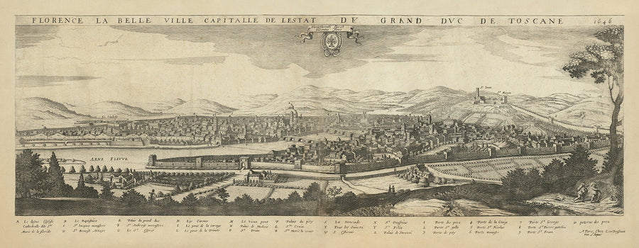 Vecchia mappa Birdseye di Firenze di Boisseau, 1648: Cattedrale, Battistero, Palazzo Medici, Fiume Arno, Mura della città 