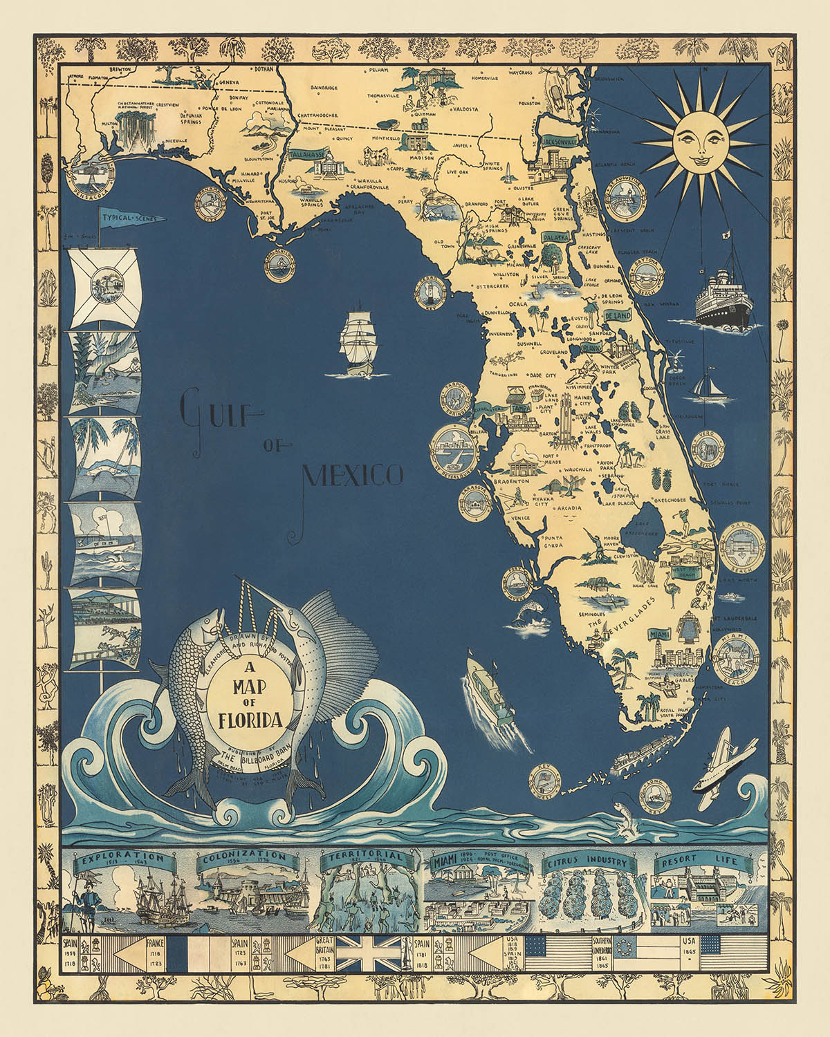Ancienne carte de l'évolution historique de la Floride par Foster, 1935 : colonisation espagnole, domination britannique, appartenance à la Confédération du Sud, inclusion aux États-Unis et richesse de la faune et des monuments.