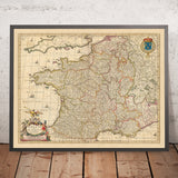 Vecchia mappa della Francia: 'Gallia Vulgo' di Visscher, 1690: Parigi, Bruxelles, Province e Regioni della Francia, Costa Azzurra 